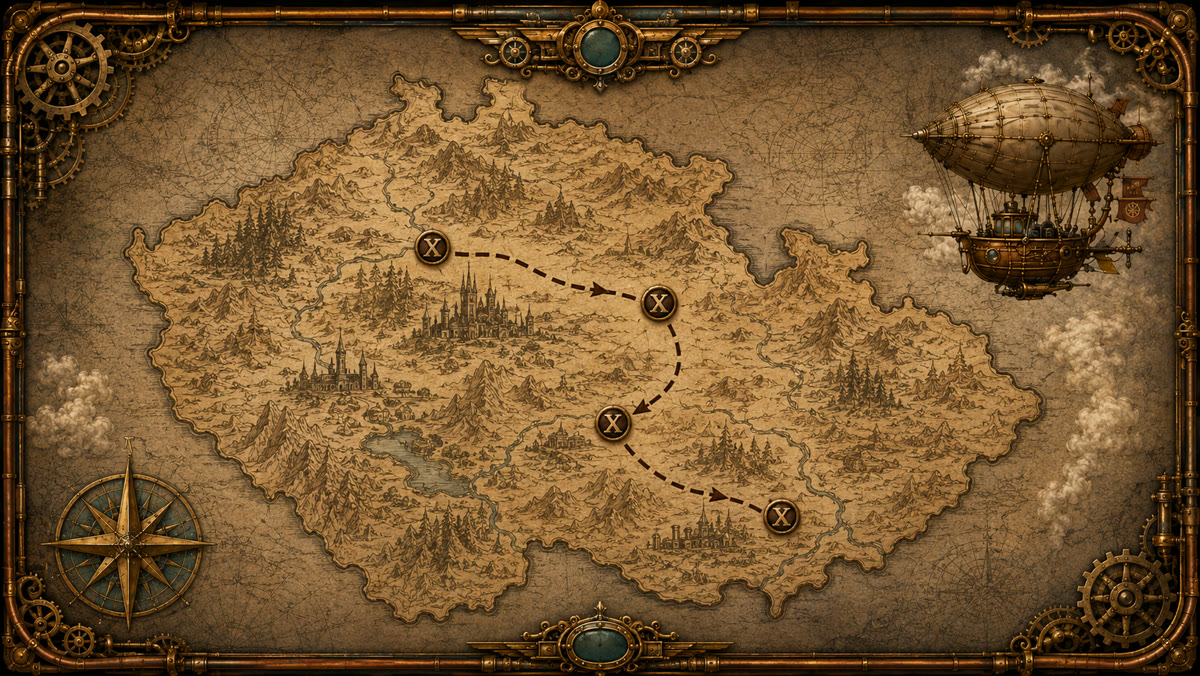 Steampunková mapa „Koncertní výprava 2026 · Clockwork Animals“ se vzducholodí a vyznačenou trasou zastávek