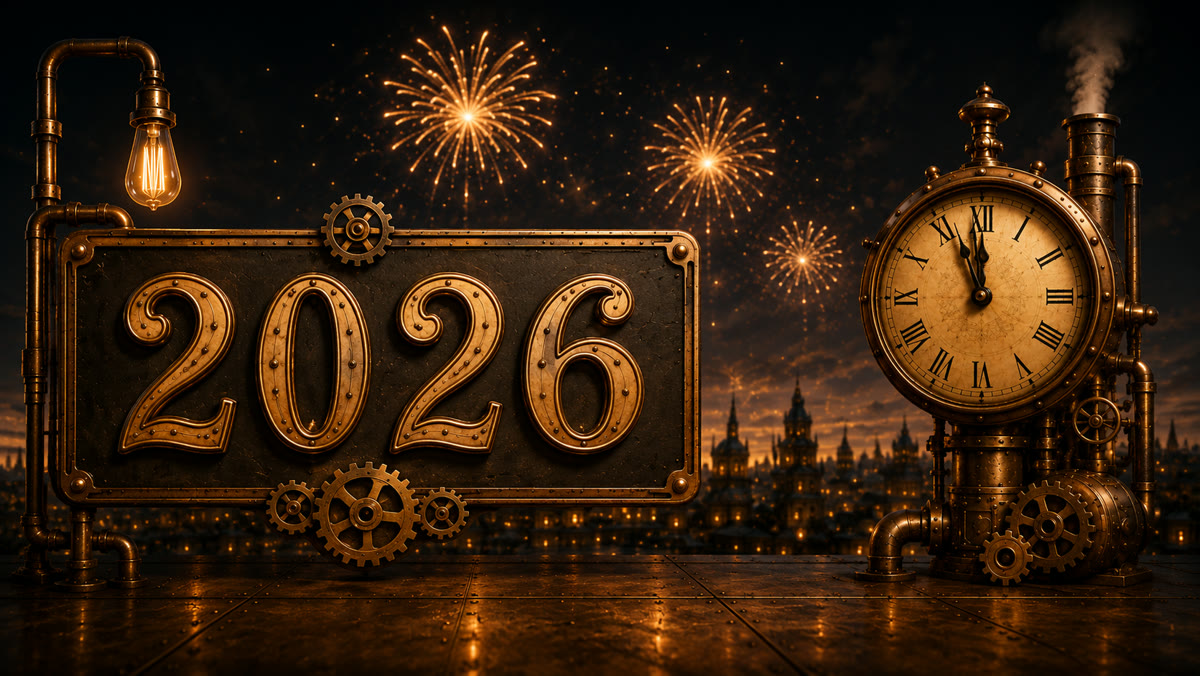 Steampunkové 2026 — mosazná cedule s ozubenými koly, hodinami pět minut před půlnocí a ohňostrojem nad městem